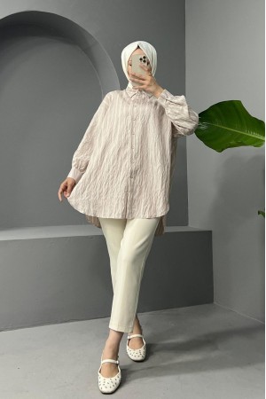 Boydan Düğmeli Arkası Uzun Çizgili Gömlek -Taş