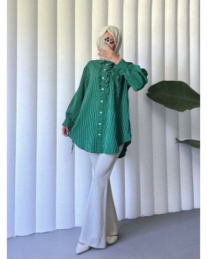 Kolu Bağcıklı Önü Fırfırlı Çizgili Gömlek Tunik -Zümrüt