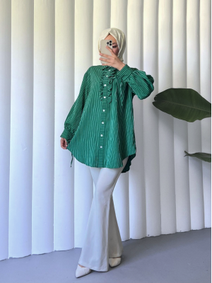 Kolu Bağcıklı Önü Fırfırlı Çizgili Gömlek Tunik -Zümrüt