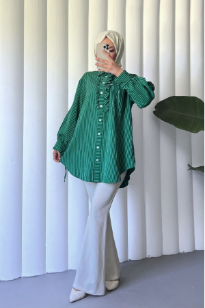 Laced Sleeve Ruffle Front Striped Shirt Tunic -Emerald