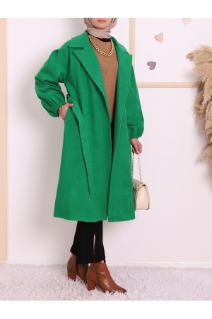 Kolu Lastikli Bağcıklı Kışlık Tesettür Kaşe Kaban -Yeşil