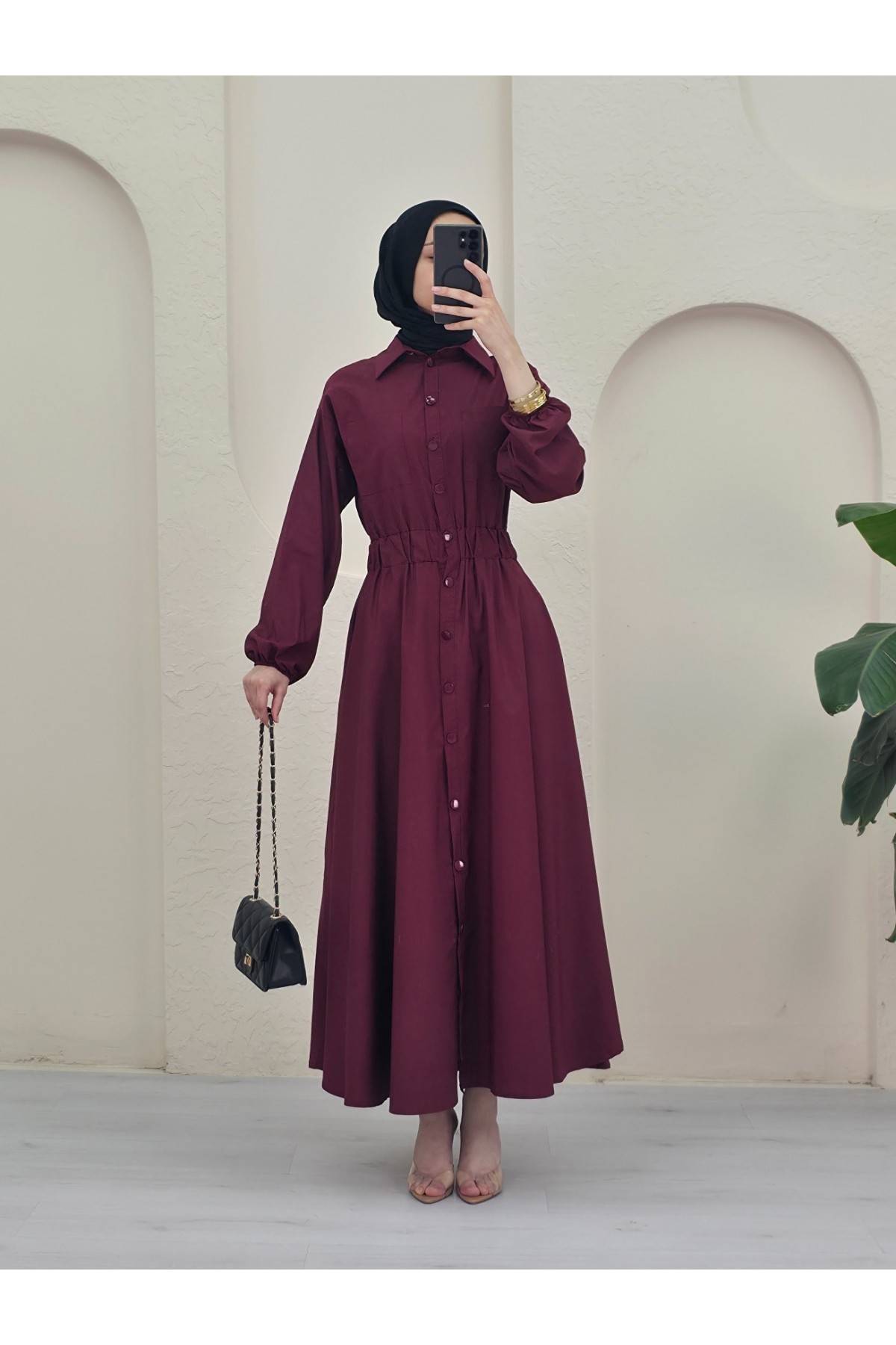 Poplin Dress with Buttons and Elastic Sleeves and Double Pockets -Maroon