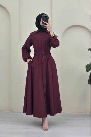 Poplin Dress with Buttons and Elastic Sleeves and Double Pockets -Maroon