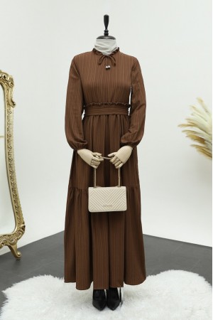 Seersucker dress with ruffle collar -Dark Coffee