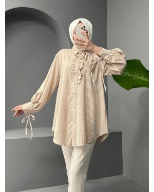 Kolu Bağcıklı Önü Fırfırlı Çizgili Gömlek Tunik -Bej