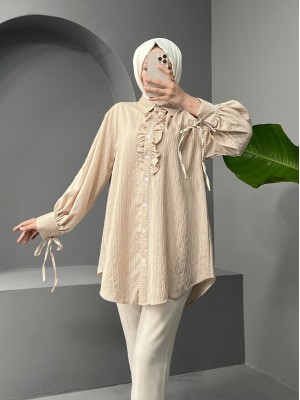 Kolu Bağcıklı Önü Fırfırlı Çizgili Gömlek Tunik -Bej