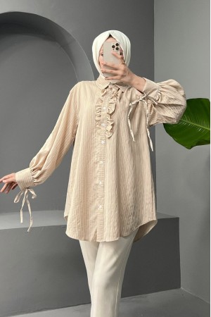 Laced Sleeve Ruffle Front Striped Shirt Tunic - Beige