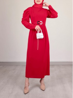 Karpuz Kol Tokalı Kemerli Elbise -Kırmızı