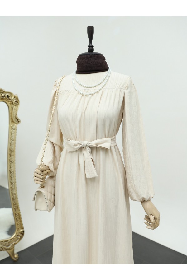 Belted Seersucker Dress with Robe on the Chest - Beige