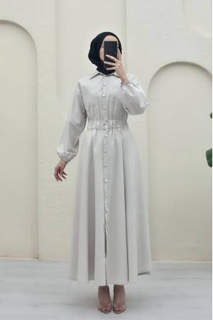 Poplin Dress with Buttons and Elastic Sleeves and Double Pockets -Cream color