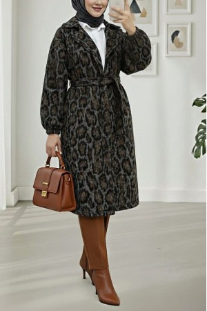 Kruvaze Yaka Kemerli Cepli Leopar Desen Kaşe Kap -Leopar