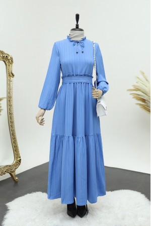 Seersucker dress with ruffle collar -Blue