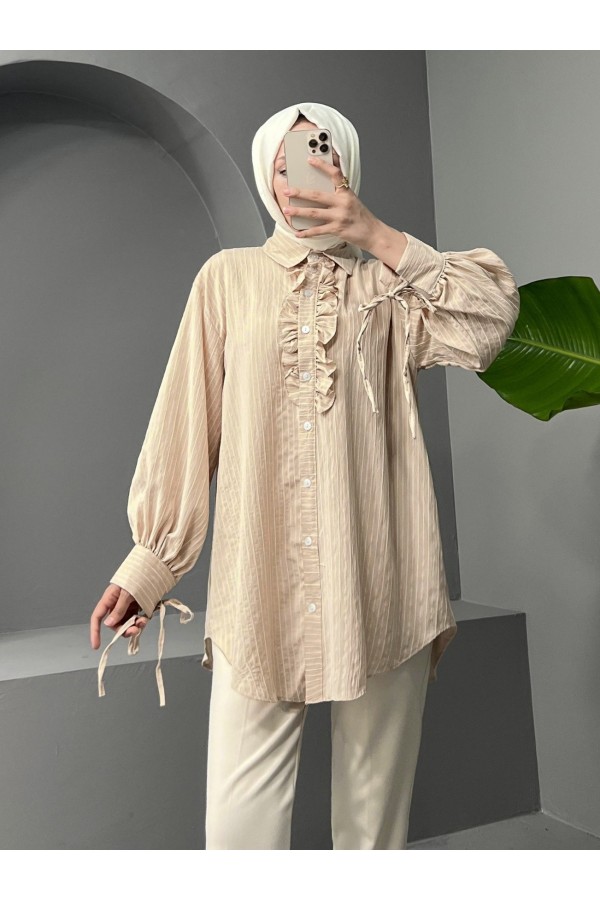 Laced Sleeve Ruffle Front Striped Shirt Tunic - Beige