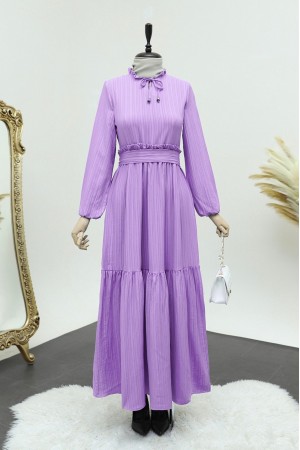 Seersucker dress with ruffle collar -Lilac