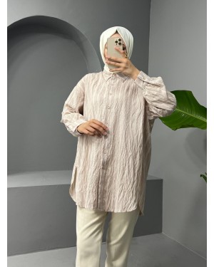 Boydan Düğmeli Arkası Uzun Çizgili Gömlek -Taş