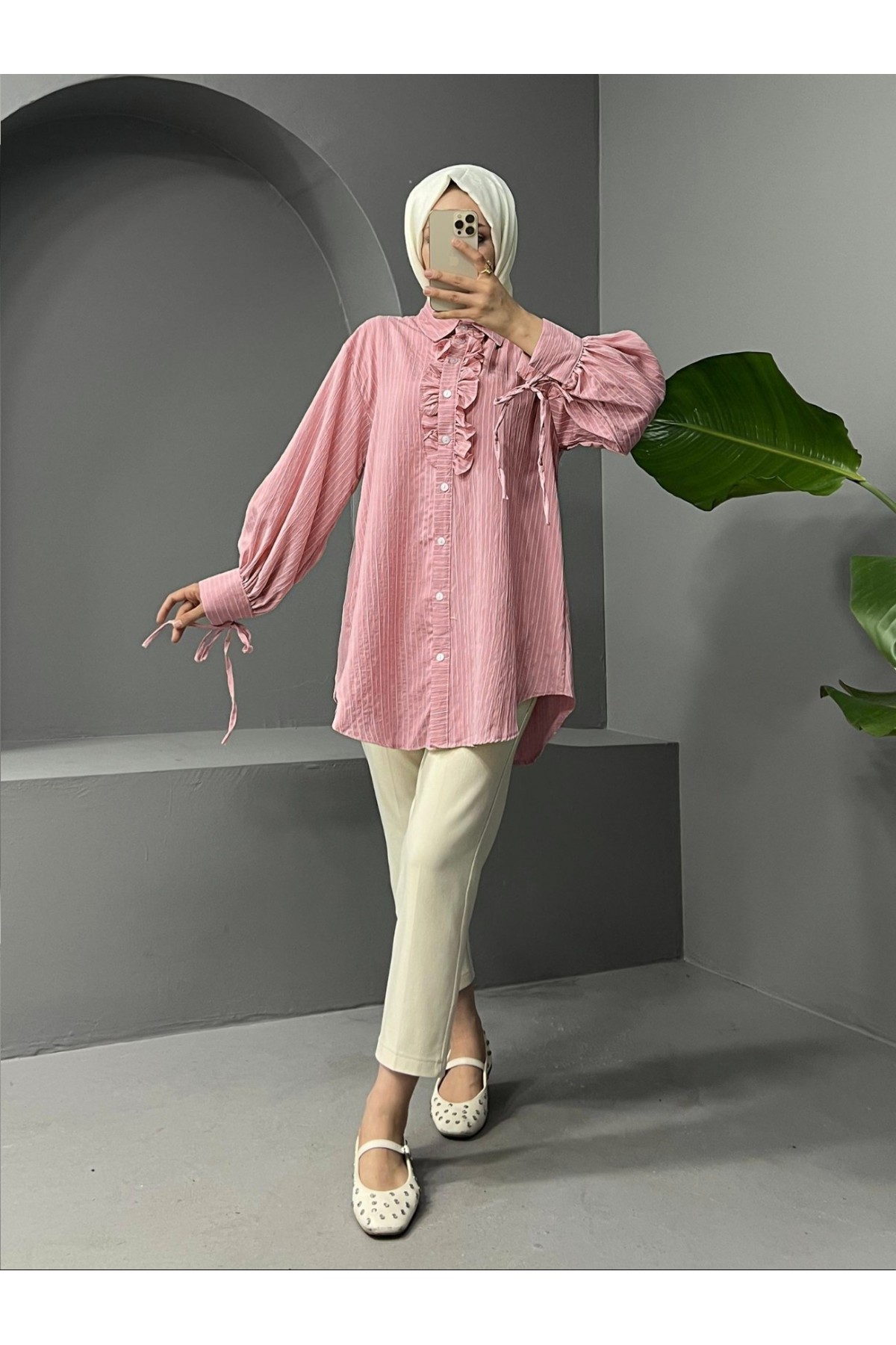 Laced Sleeve Ruffle Front Striped Shirt Tunic -Powder