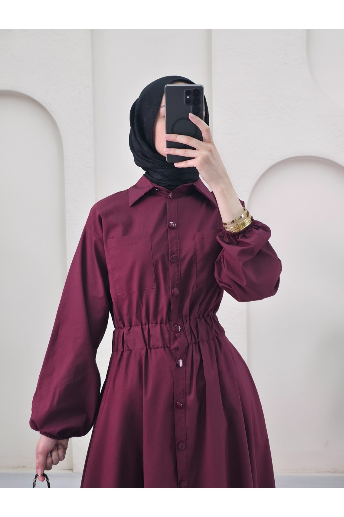 Poplin Dress with Buttons and Elastic Sleeves and Double Pockets -Maroon detay görseli
