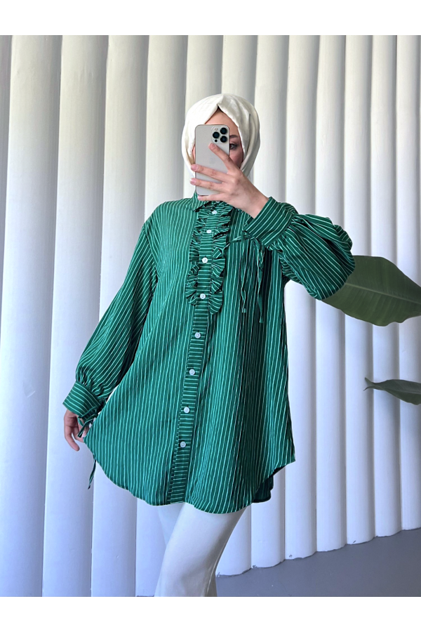 Laced Sleeve Ruffle Front Striped Shirt Tunic -Emerald
