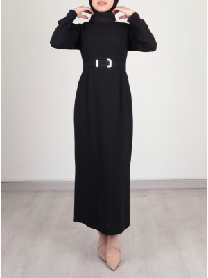 Karpuz Kol Tokalı Kemerli Elbise -Siyah