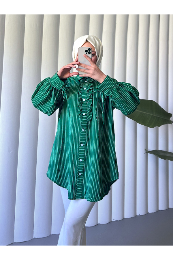Laced Sleeve Ruffle Front Striped Shirt Tunic -Emerald
