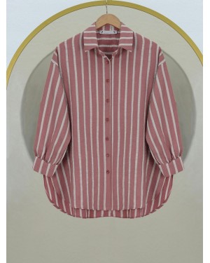 Button Down Long Back Striped Shirt -Dried rose