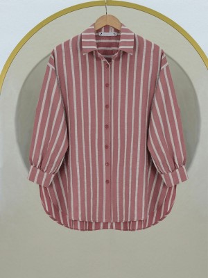 Boydan Düğmeli Arkası Uzun Çizgili Gömlek -G.Kurusu