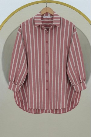 Boydan Düğmeli Arkası Uzun Çizgili Gömlek -G.Kurusu