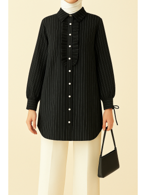 Kolu Bağcıklı Önü Fırfırlı Çizgili Gömlek Tunik -Siyah