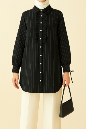 Laced Sleeve Ruffle Front Striped Shirt Tunic -Black