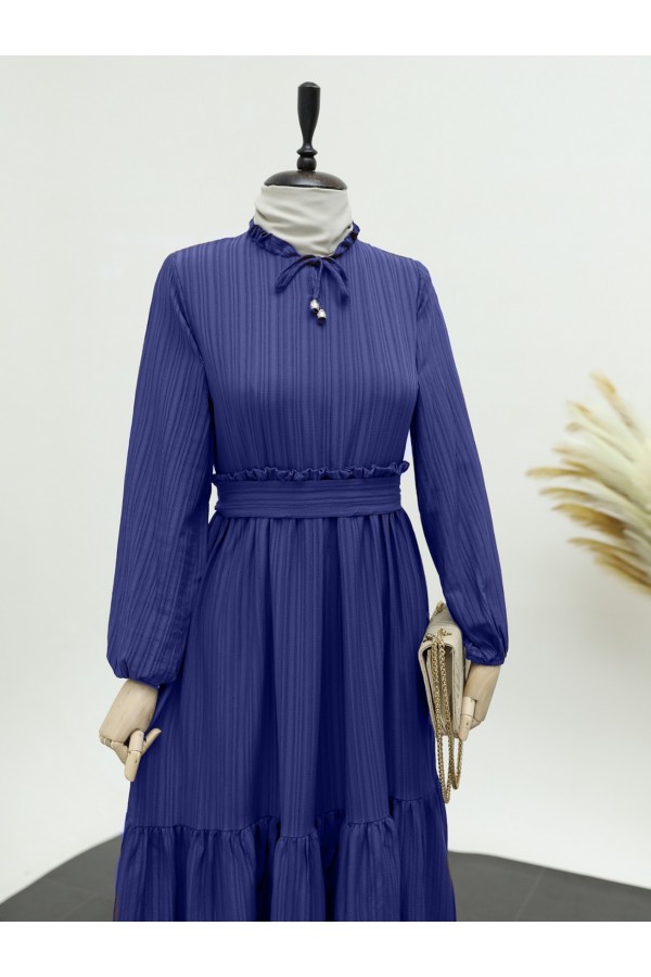 Seersucker dress with ruffle collar -Navy blue