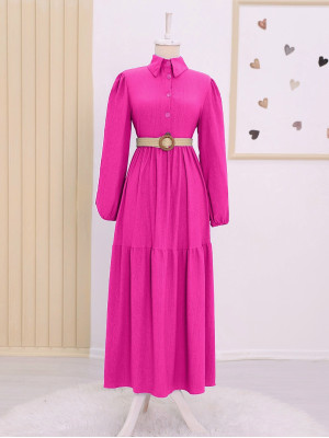 Pieced Half Button Belted Crinkle Dress   -Fuchsia