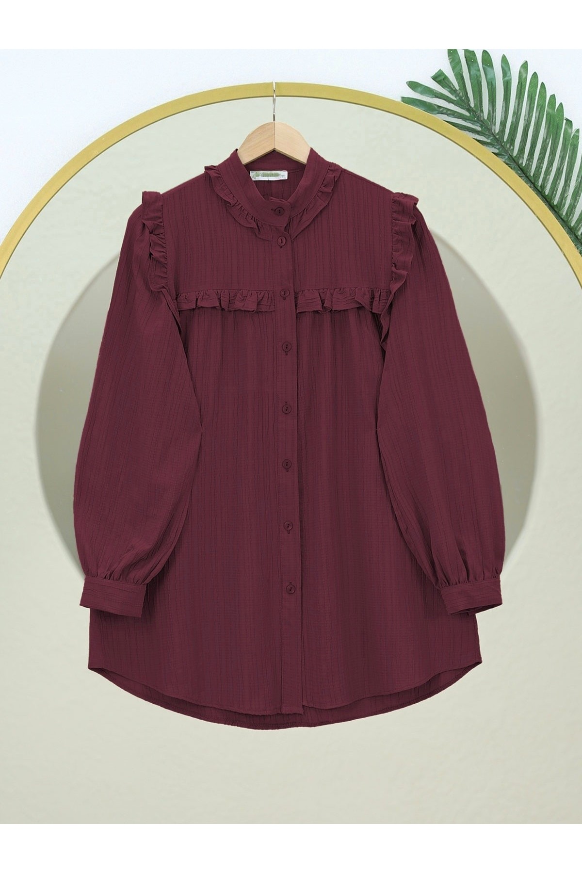 Ruffle Buttoned Stand Collar Tunic from Roba -Maroon