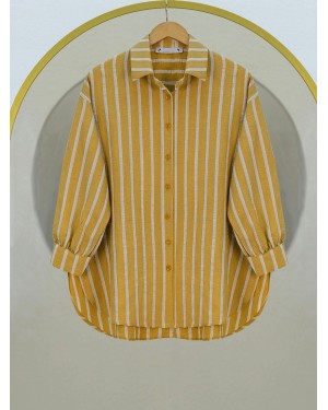 Button Down Long Back Striped Shirt -Mustard