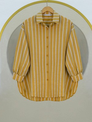 Boydan Düğmeli Arkası Uzun Çizgili Gömlek -Hardal