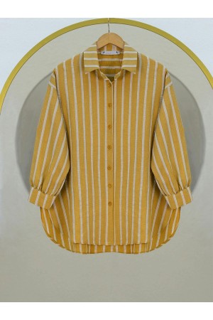 Boydan Düğmeli Arkası Uzun Çizgili Gömlek -Hardal