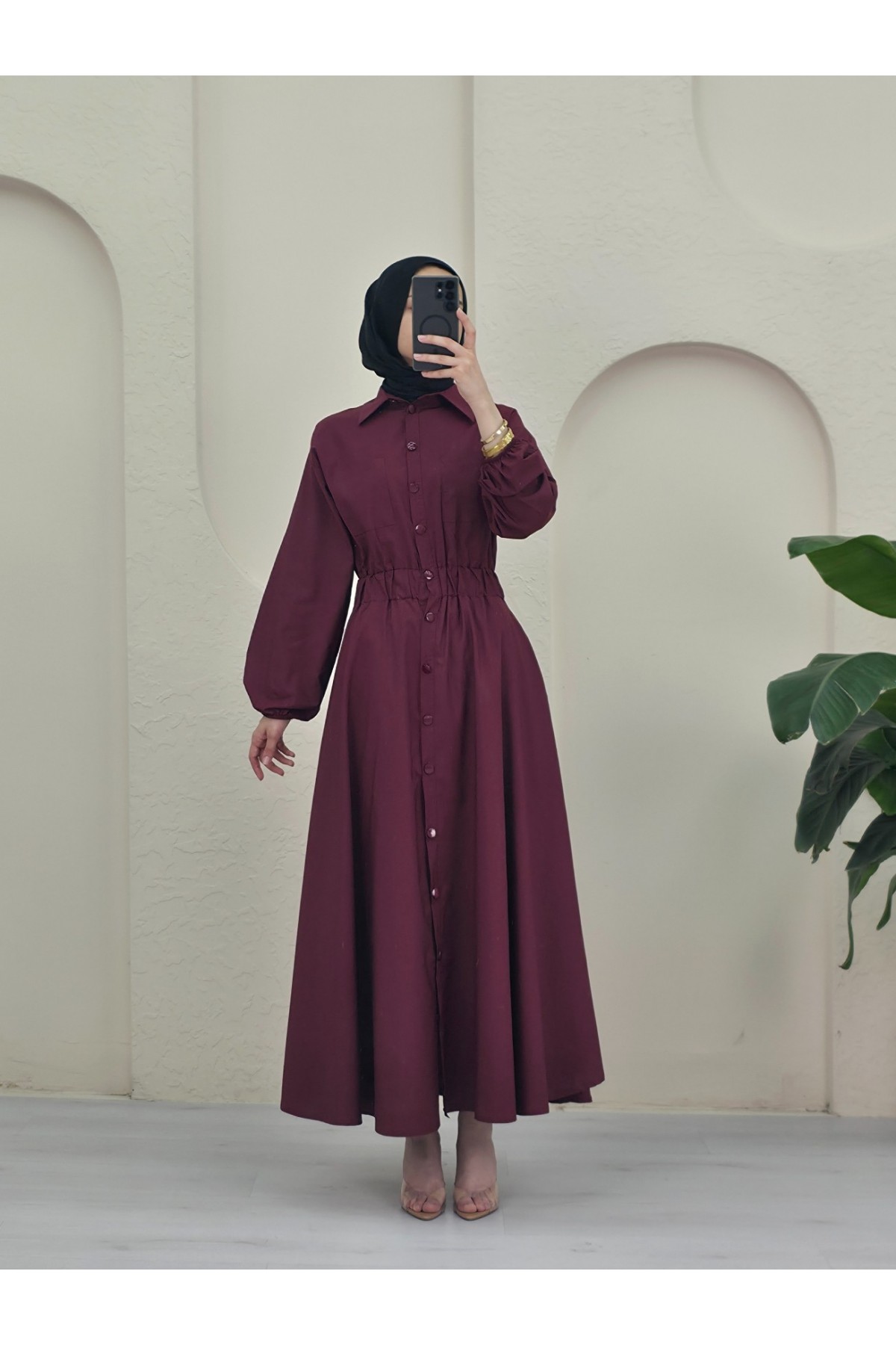 Poplin Dress with Buttons and Elastic Sleeves and Double Pockets -Maroon