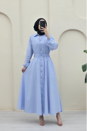 Poplin Dress with Buttons and Elastic Sleeves and Double Pockets -Baby Blue