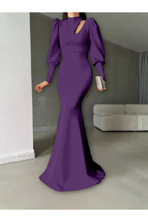 Damla Yakalı Pileli Balon Kol Boydan Elbise -بنفسجي