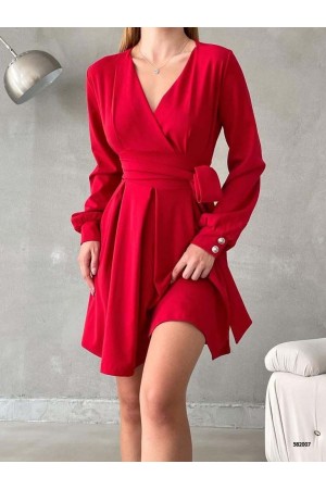 Beli Bağıcıklı Kruvaze Yaka Elbise -Kırmızı