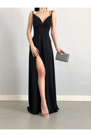 Askılı Yırtmaaçlı Elbise -Siyah