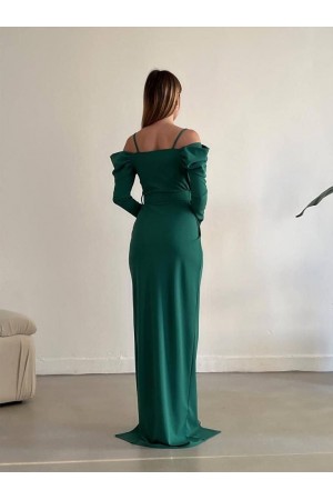 Askılı Kemerli Yırtmaçlı Elbise -Yeşil