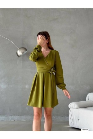Beli Bağıcıklı Kruvaze Yaka Elbise -زيت أخضر