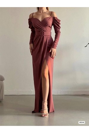 Askılı Kemerli Yırtmaçlı Elbise -G.Kurusu