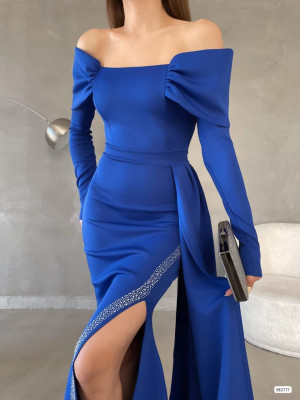 Açık Omuz Taşlı Etek Uzun Elbise -Saxe 