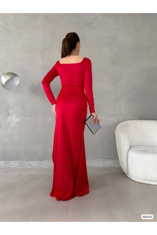 Kare Yaka Derin Yırtmaçlı Saten Elbise -Red