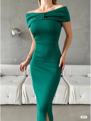 Kurdale Yaka Yırtmaçlı Boydan Elbise -Emerald