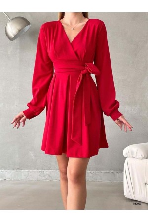Beli Bağıcıklı Kruvaze Yaka Elbise -Kırmızı