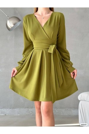 Beli Bağıcıklı Kruvaze Yaka Elbise -زيت أخضر