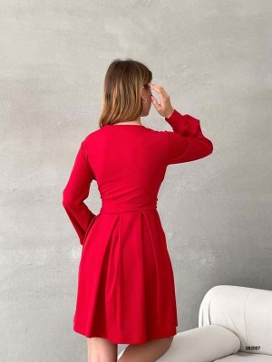 Beli Bağıcıklı Kruvaze Yaka Elbise -Red