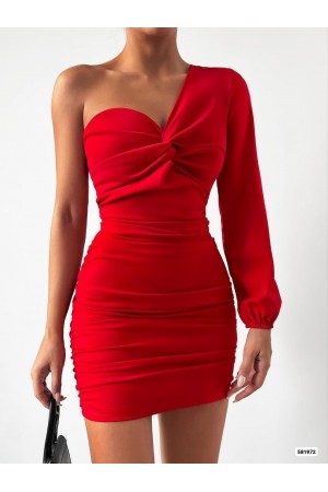 Tek Omuz Elbise -Kırmızı